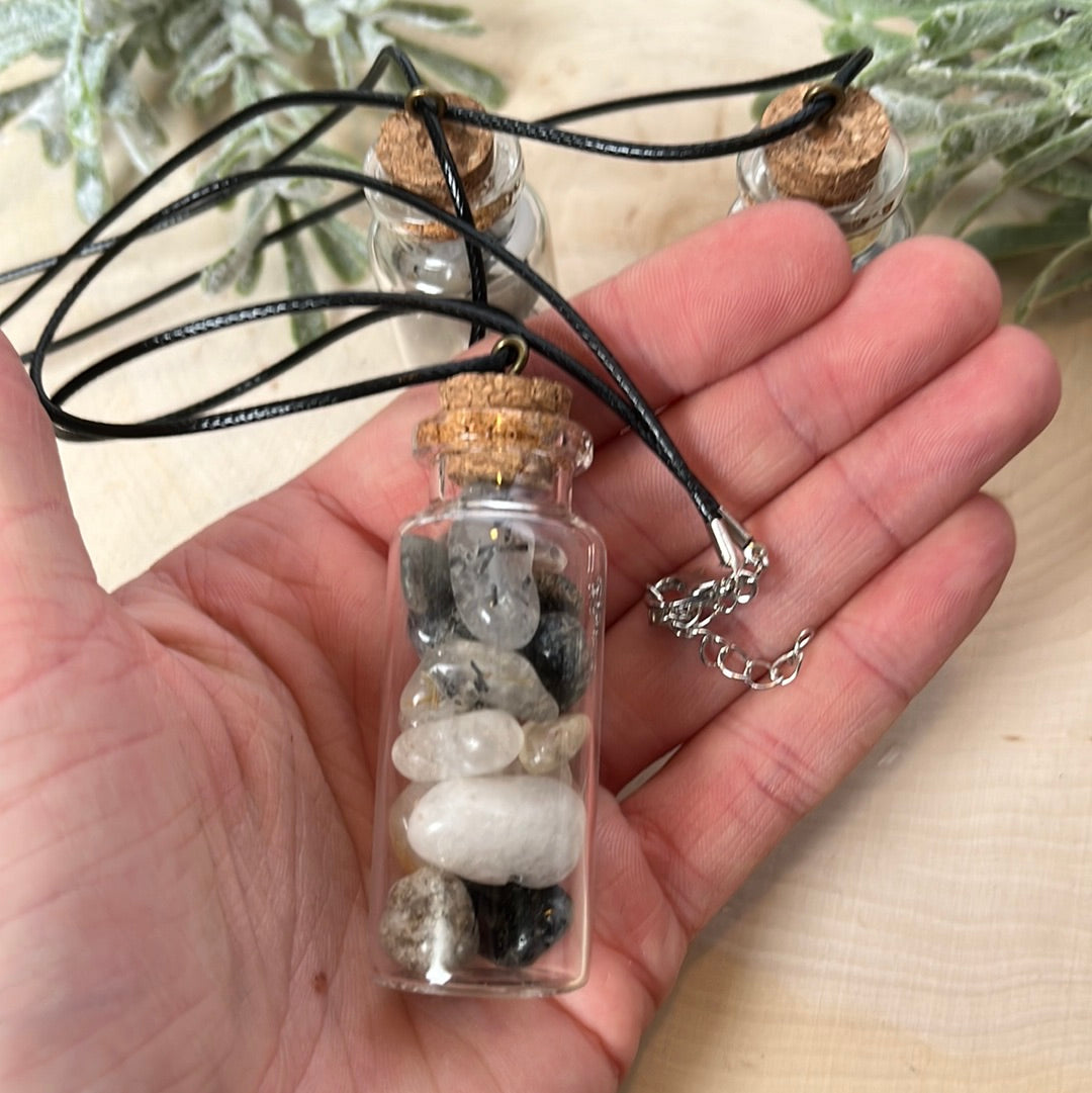 Tourmaline Quartz Crystal Chip Necklace with Black Cord