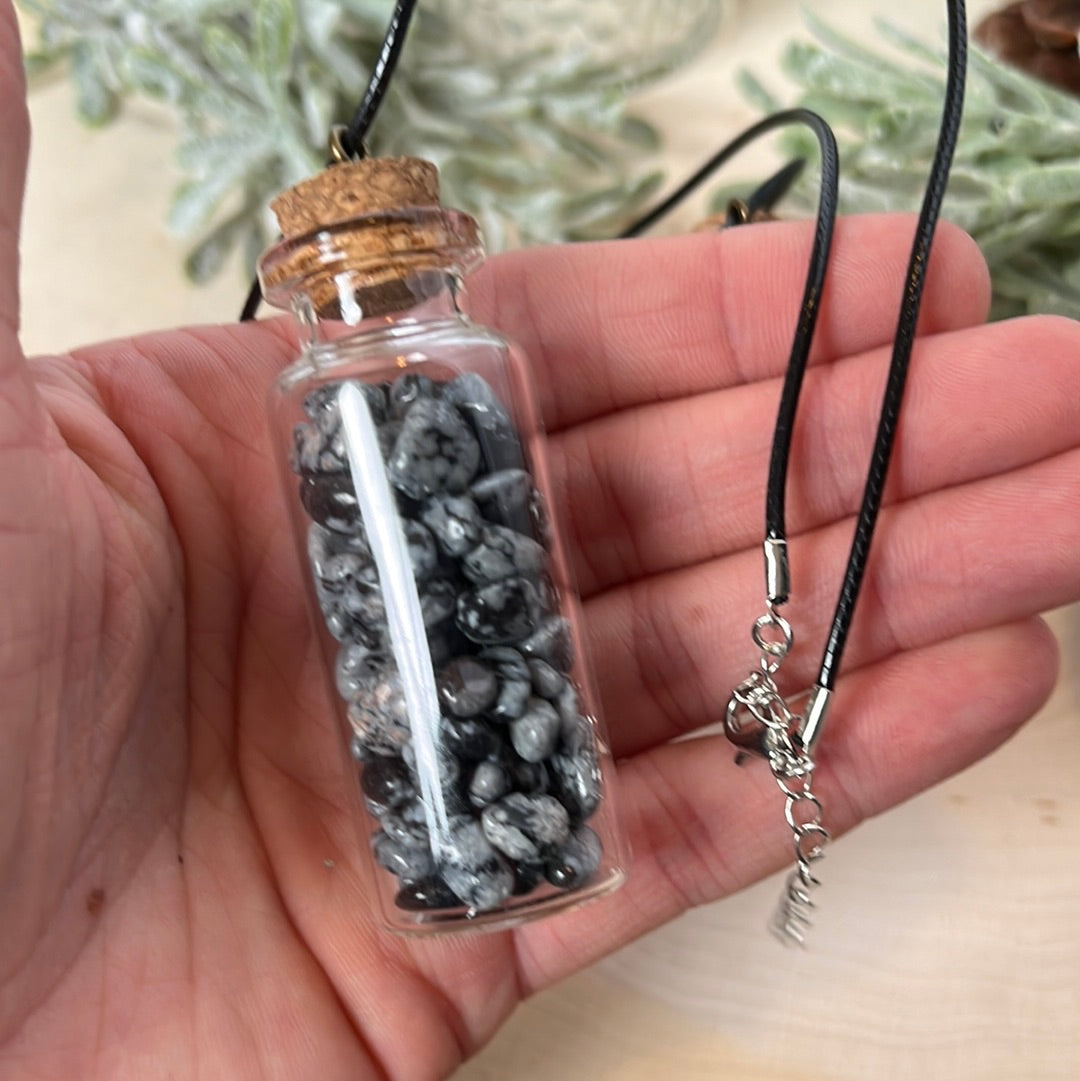 Snowflake Obsidian Crystal Chip Necklace W/ Black Cord